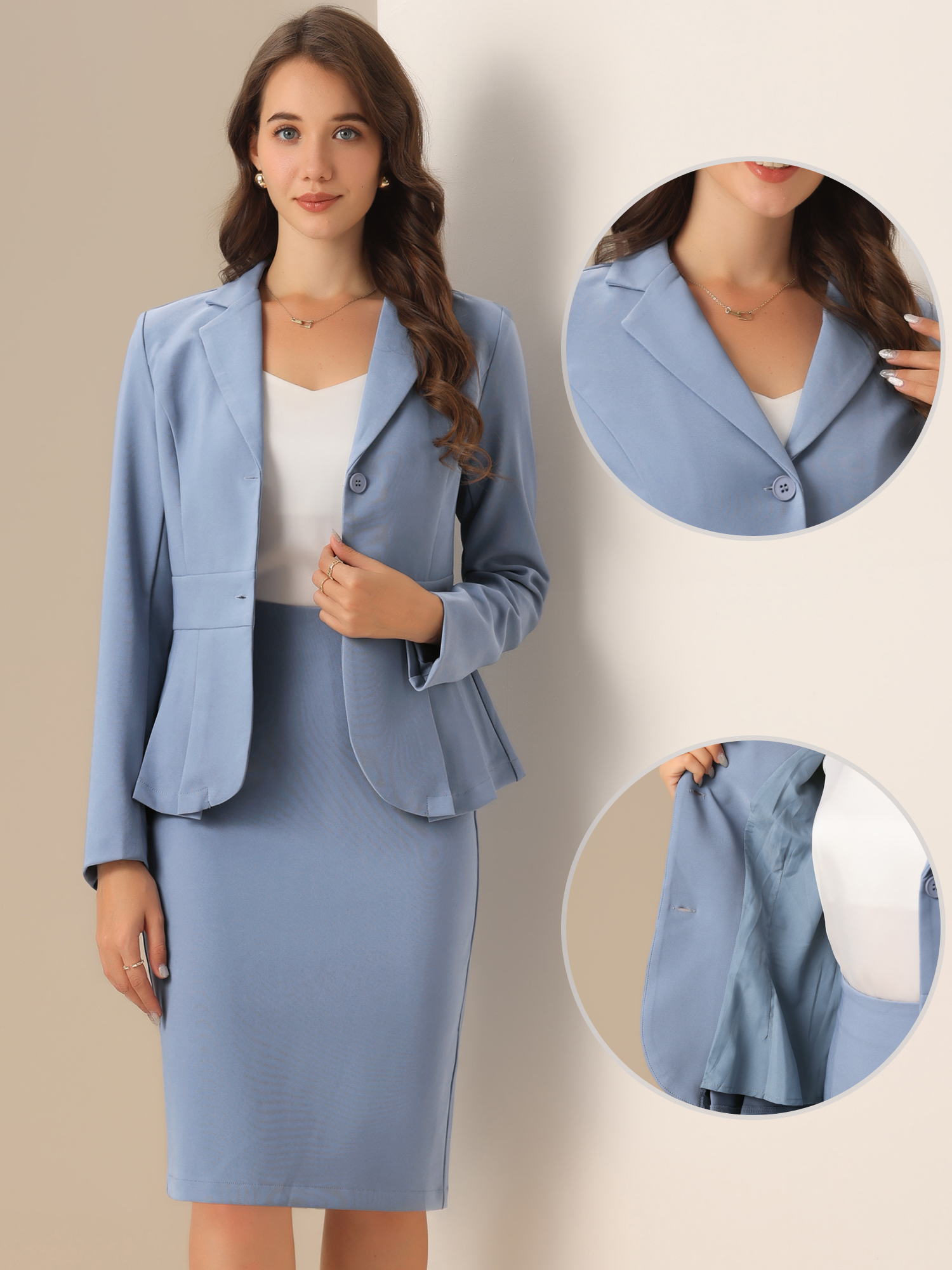 DARING DIVA Women's Peplum Blazer Pencil Skirt 2 Pcs Suit Set M Gray Blue