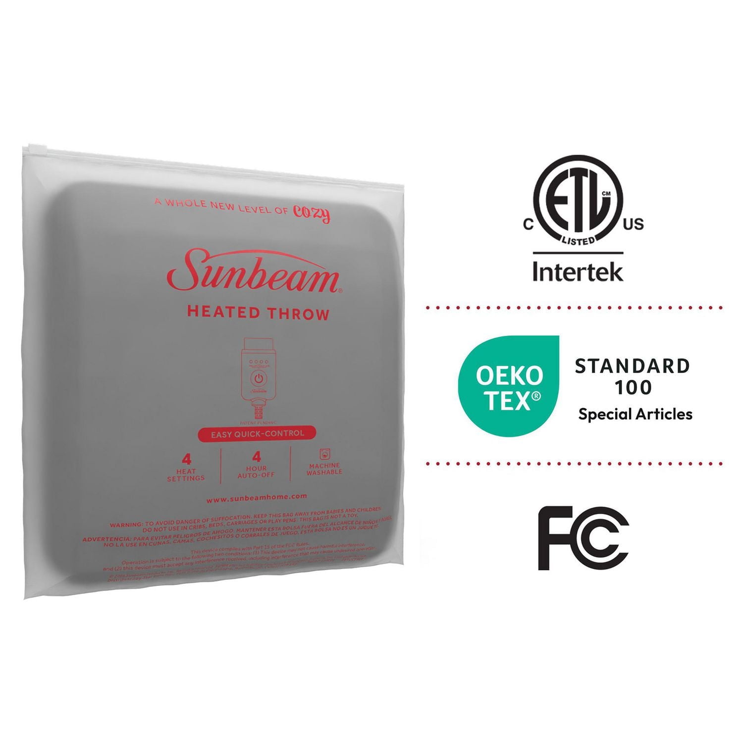 Jeté chauffant Sunbeam en polaire couleur gris ardoise, 4 réglages de chaleur, arrêt automatique après 4 heures, 127 cm x 152,4 cm (50 po x 60 po)