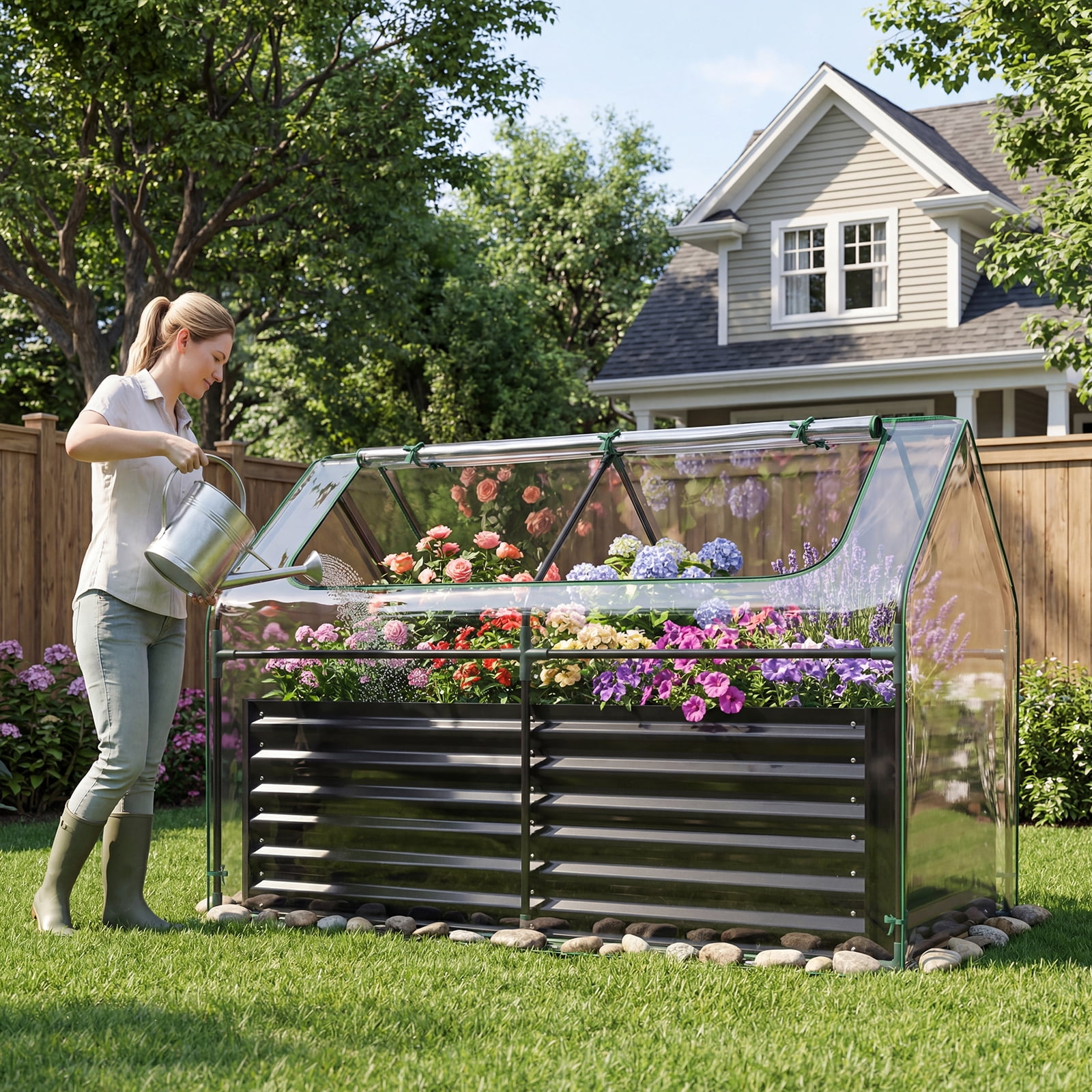 Gymax Raised Garden Bed w/ Cover 68'' x 33'' x 21'' Planter Box w/ Mini Greenhouse Black & Clear