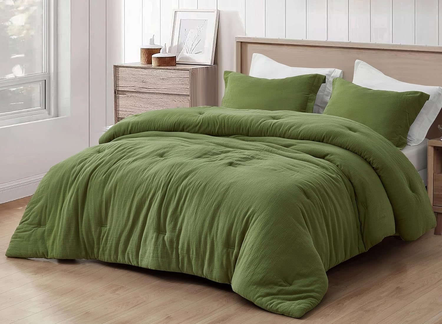 Chezmoi Collection Breeze 3-Piece 100% Cotton Muslin Queen Comforter Set, Olive Green Soft Washed Cotton Gauze Comforter, Lightweight Breathable Bedding for All Season