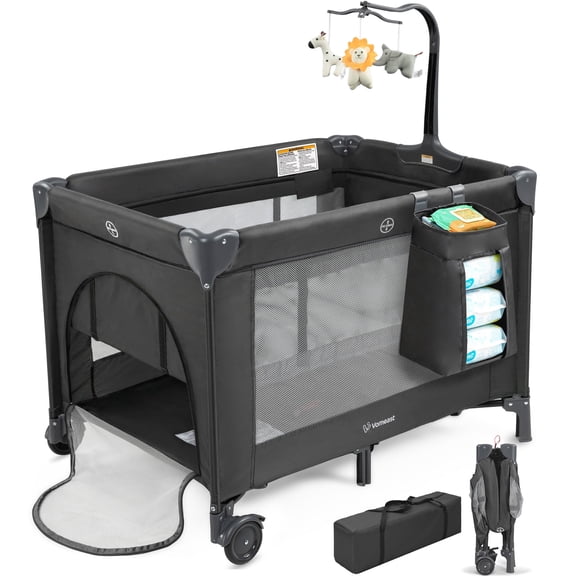 Vomeast Baby Playard,Portable Baby Bassinet Pack and Play with Mattress and Toy Bar,Foldable Bassinet Crib,0-5 Months,Black