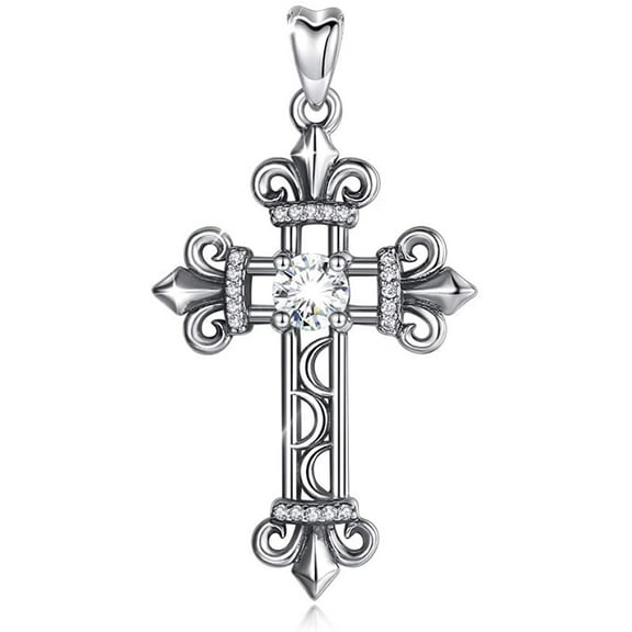Jewelry Trends Fleur De Lis Cross with CZ Sterling Silver Pendant Necklace 18"