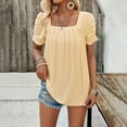 thumbnail image 2 of Delayuji Women's Casual Bubble Sleeved Square Neck Pleated Short Sleeved T Shirt Top Yellow M Nylon,Spandex Short Sleeve Shirts for Women, 2 of 9