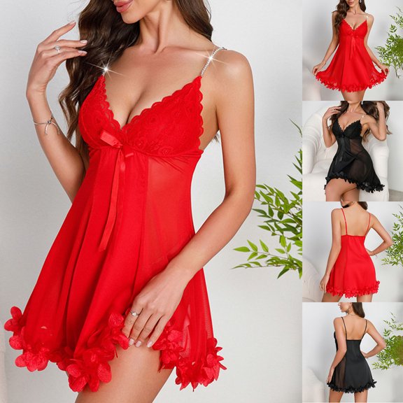 TARIENDY Women Nightgown Sheer Mesh Ruffle Lingerie Dress Lace Babydoll Chemise Nightdress Lightweight Sleeveless Loungewear Black M