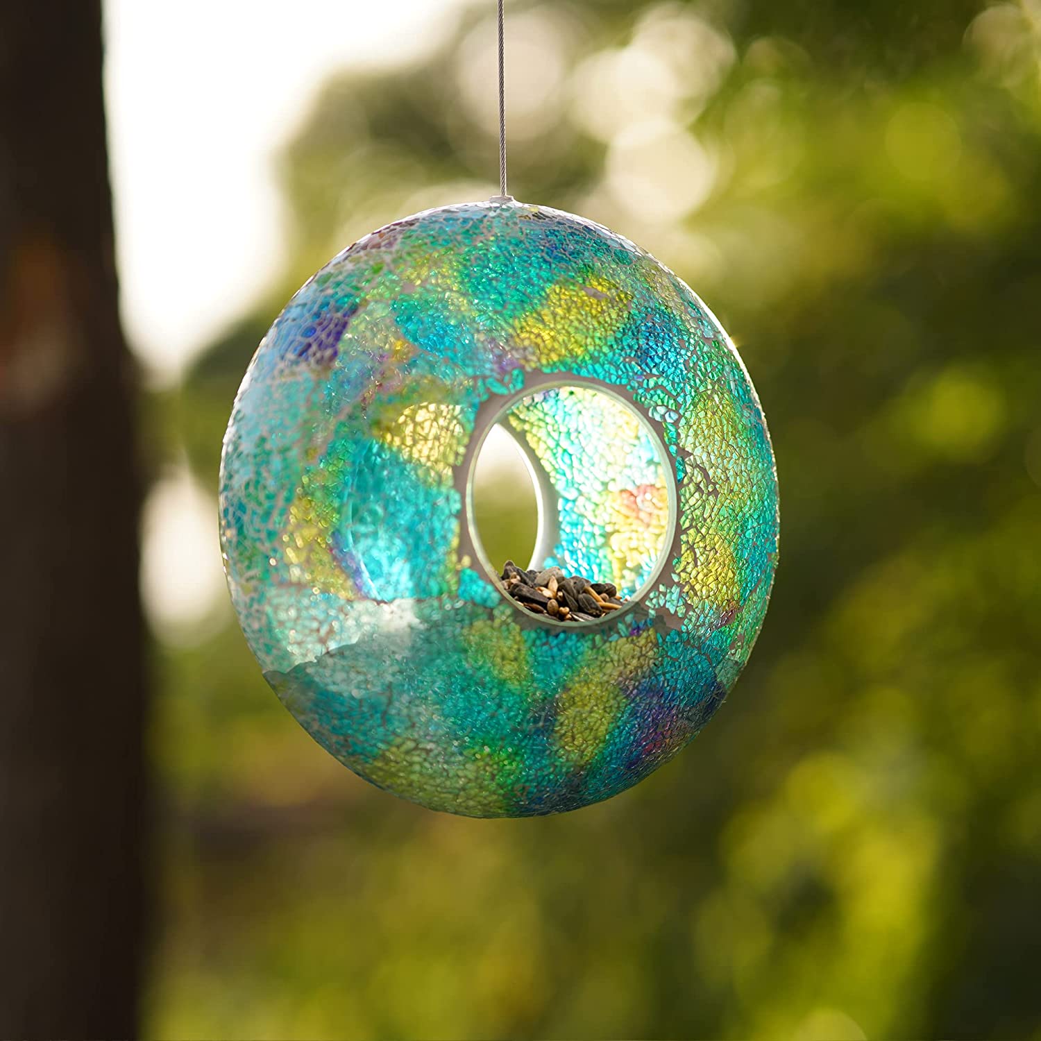 Topadorn Mosaic Glass Hanging Bird Feeder, 9 Inch, Fly-Through Design for Cardinals, Finches & Wild Birds, Blue and Green, Garden Yard Decoration