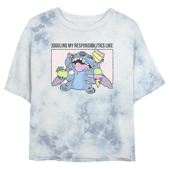 Junior's Lilo & Stitch Juggling my Responsibilities Like Crop Graphic Tee White/Blue Small