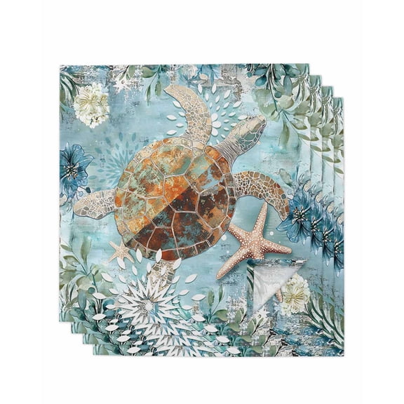 nqOlkjepod Sea Turtle Coastal Cloth Napkins Set of 4 Reusable Dinner Napkins, Teal Nautical Starfish Botanical Cocktail Napkin Washable Table Napkins for Wedding/Holiday Party/Baby Shower 20"x20"
