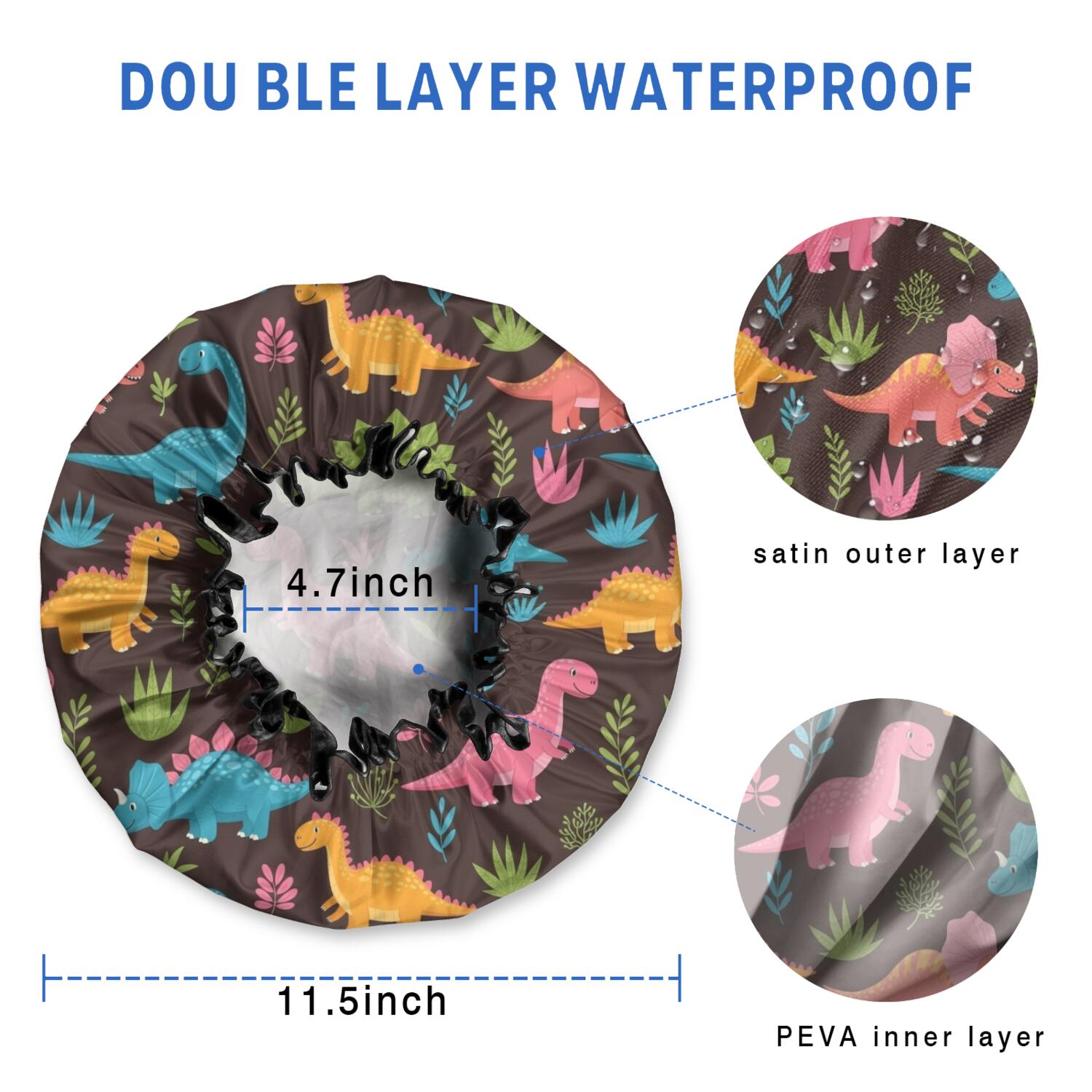 Shower Caps,DarkBrown Cartoon Dinosaurs Colorful Plants Pattern Waterproof Shower Cap for Women 4 Pieces,Double Reusable Hair Cover for Shower PEVA Elastic Stretch Hem
