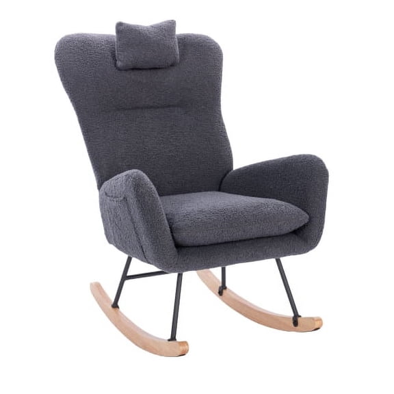 Xukmct Fabric Rocking Chair with Metal Frame and Wood Base, Upholstered Accent Chair for Living Room, Bedroom, Office, Dark Gray