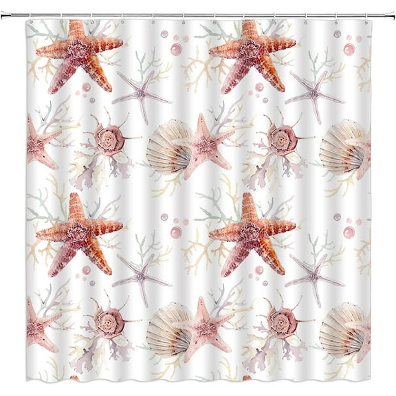 Starfish Coral Reef Shower Curtain - 70"x70" Nautical Coastal Ocean Creatures Beach Retro Fabric Durable Bathroom Decor Includes Hooks