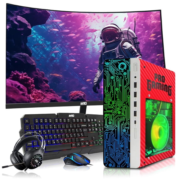 Restored HP G4 Gaming Desktop Computer PC Carbon Red Intel i5,16GB RAM,256GB SSD OS + 2x500GB HDD,24 Inch Curve Monitor,GT 730 Graphics,RGB KBM with AI Copilot,WiFi,RGB Headphone,Windows 11