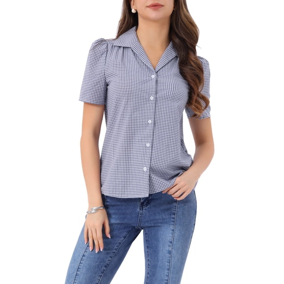 INSPIRAR CHIC Blusa de cuadros vintage con mangas abullonadas para mujer, verano, morado