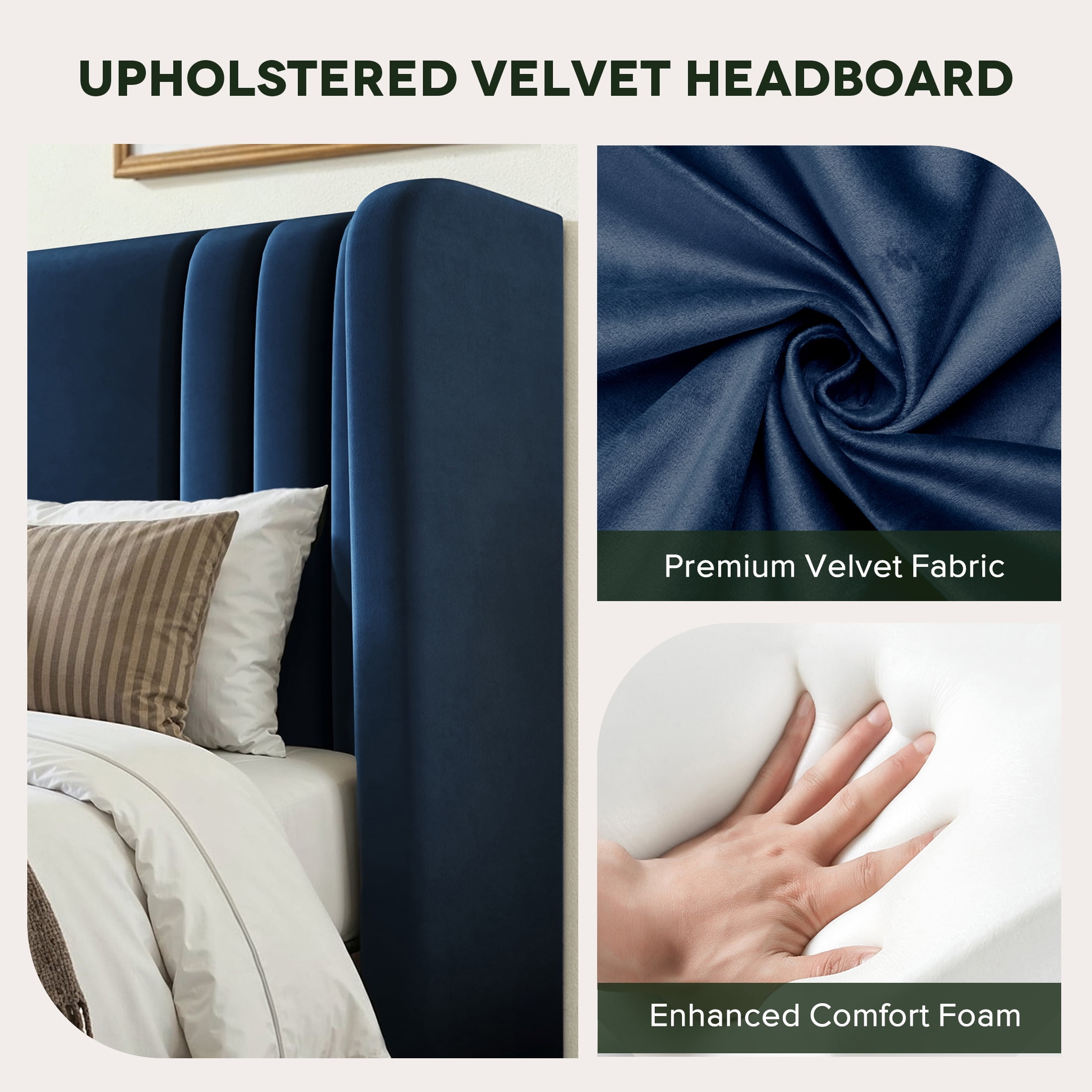 Einfach King Size Upholstered Bed Frame, Platform Bed with Velvet Wingback Headboard, Blue