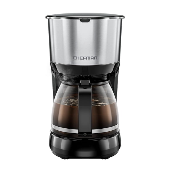 Chefman Cafetera programable de 1L, cafetera eléctrica, olla antigoteo, filtro reutilizable para molidos frescos, acero inoxidable redondo, jarra de vidrio