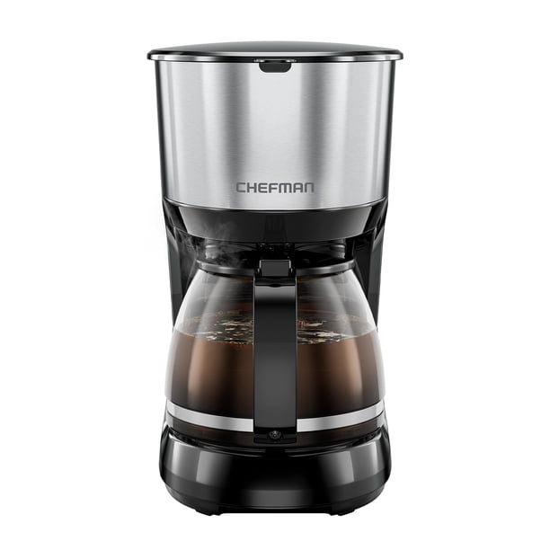 Chefman Cafetera programable de 1L, cafetera eléctrica, olla antigoteo, filtro reutilizable para molidos frescos, acero inoxidable redondo, jarra de vidrio