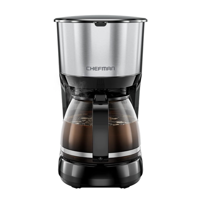 Chefman Cafetera programable de 1L, cafetera eléctrica, olla antigoteo, filtro reutilizable para molidos frescos, acero inoxidable redondo, jarra de vidrio