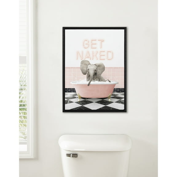 Kate and Laurel Sylvie Beaded Baby Elephant No 3 in Get Naked Bath Vintage Framed Canvas Wall Art, 18x24 Beaded Black, Cute Animal Bathtub Art for Wall