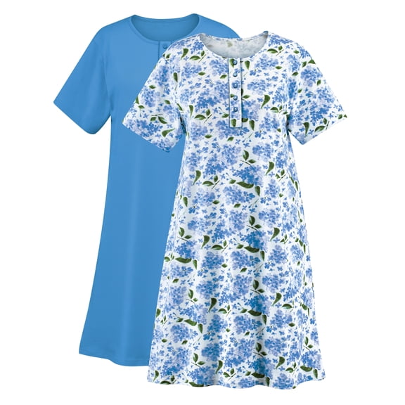 Collections Etc Women's 2-Pack Comfortable Printed Henley-Style Short Sleeve Nightgown Blue Large