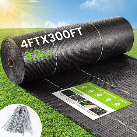 Weed Barrier Fabric 4x300ft Landscape 3.2oz Heavy Duty Durable Woven Geotextile High Permeability Ground Cover Mat Driveway Garden Control Cloth With 20 U-securing Pegs