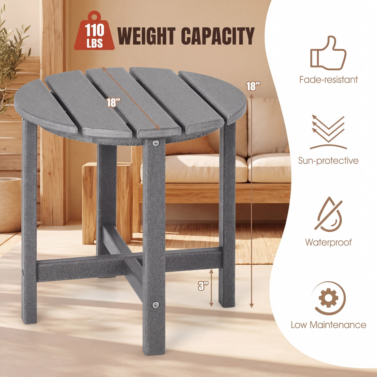 Furnibear 18 Inch Round Weather Resistant Adirondack Outdoor Side Table with Slatted Top for Patio Deck and Garden Seating, Gray