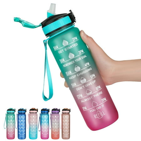 Hanmir 32oz Motivational Water Bottle with Time Marker Drinking Water Bottles with Straw Leakproof Tritan Sports Water Bottle for Gym Camping Outdoor（Green& Purple)