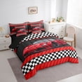 thumbnail image 3 of Feelyou Cartoon Red Automobile Bedding Comforter Set 7 Pieces, Speed Sports Lover Full Bedding Set, Checkered Square Plaid Reversible Fitted Sheet Flat Sheet, Lightweight Room Decor, 3 of 7