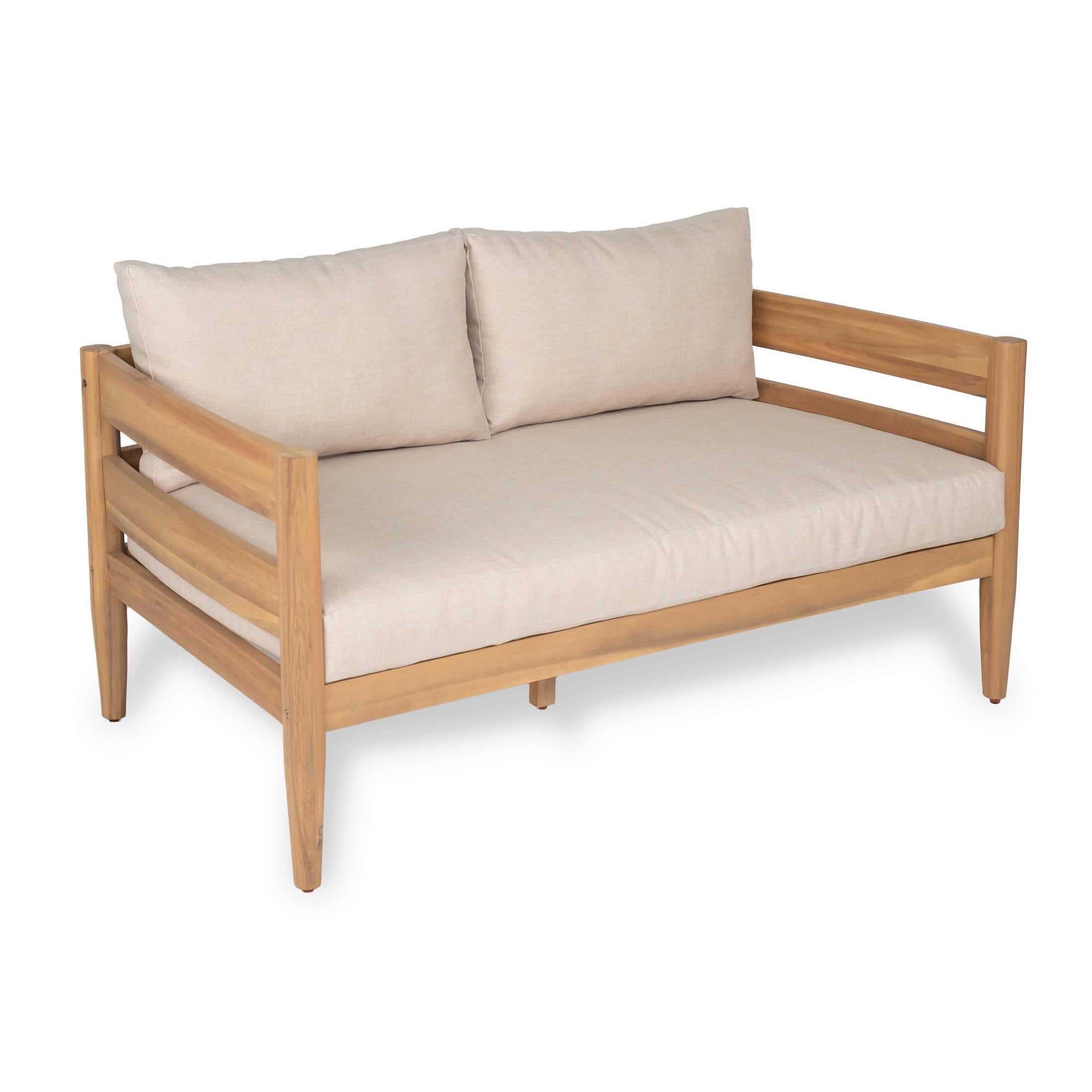 Christopher Knight Home 4-Piece Outdoor Chat Set with Slatted Loveseat, Chairs & Coffee Table, Beige Cushions