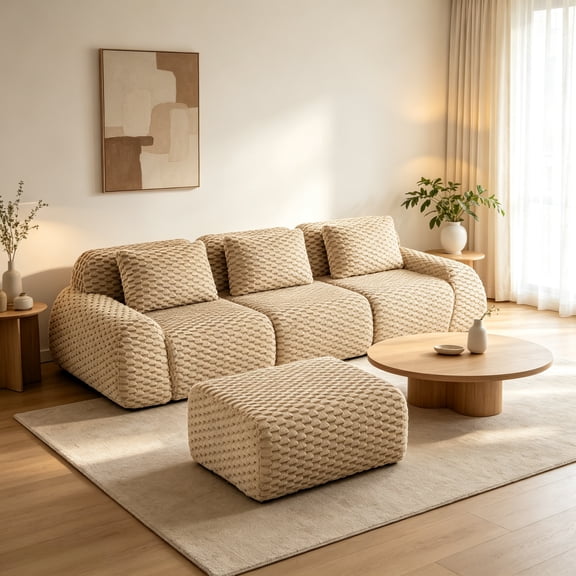 Wakefit 114" L Modular Sectional Sofa with Ottoman, Deep Seat Flannel Cloud Couch, No Assembly Boneless Modular Cloud Sofa, Anti-slip Design Sectional Sofas for Living Room, Light Camel
