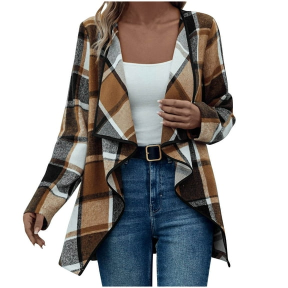 TFEOQRY Women's Plaid Cardigan Coat Long Sleeved Hooded Checkered Casual Jacket Coffee