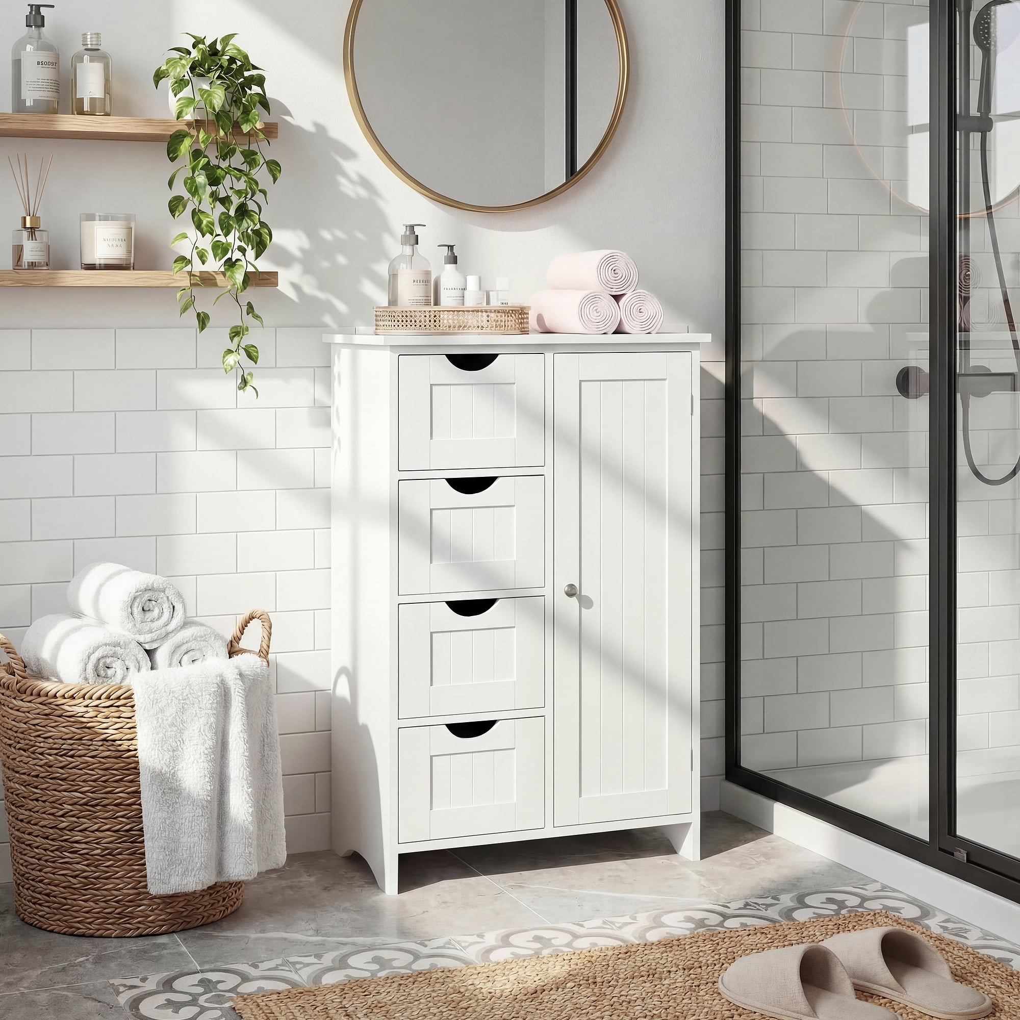 Furmax Wooden Bathroom Floor Cabinet with 4 Drawers, 1 Adjustable Shelf & 1 Cupboard，Side Storage Organizer Storage Cabinet for Bathroom, Entryway, White
