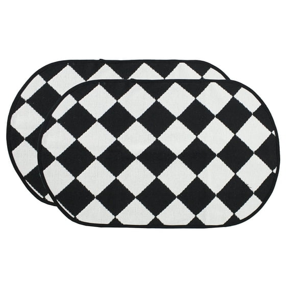 Fennco Styles Diamond 17 x 28 Inch Woven Table Placemats, Set of 2 - Black and White Checker Oval Placemats for Dining Home Décor, Indoor Parties, Holiday Events, Multi-purpose Use Mats