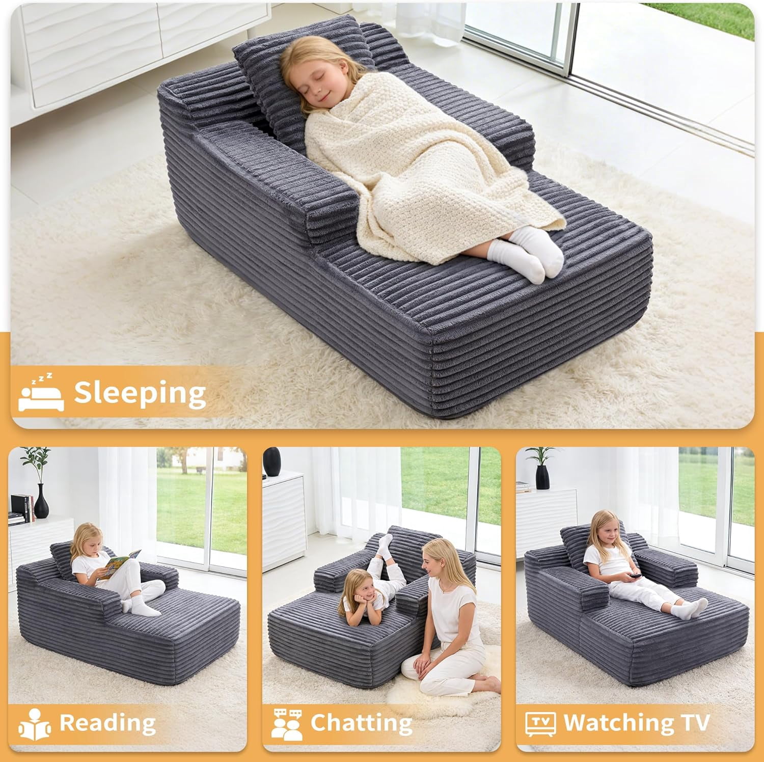 Akaber 31″W Sleeper Couch, Chaise Lounge Chair Indoor, Soft Corduroy Boneless Reading Chairs for Living Room, Bedroom, Movie Room (Grey, Small)