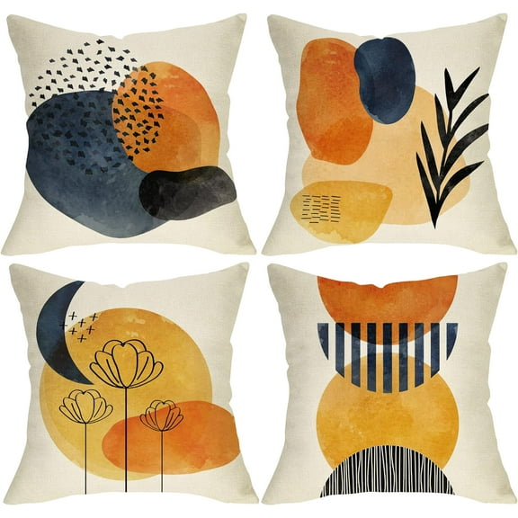Boho Abstract Modern Art Decorative 18 x 18 Throw Pillow Cover Set of 4, Minimalist Geometric Bohemian Sun Moon Decoration, Botanical Plant Square Pillowcase Cushion Case Sofa Couch Home Decor