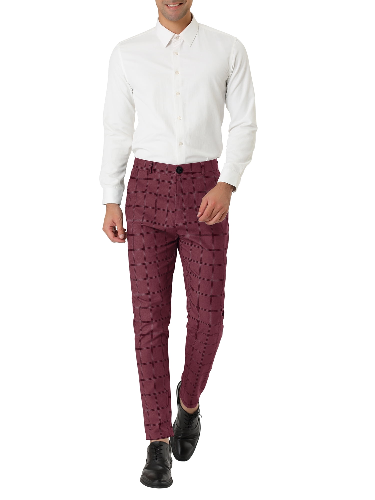 Unique Bargains Men's Slim Fit Plaid Business Pants Trousers with Pockets 32 Burgundy