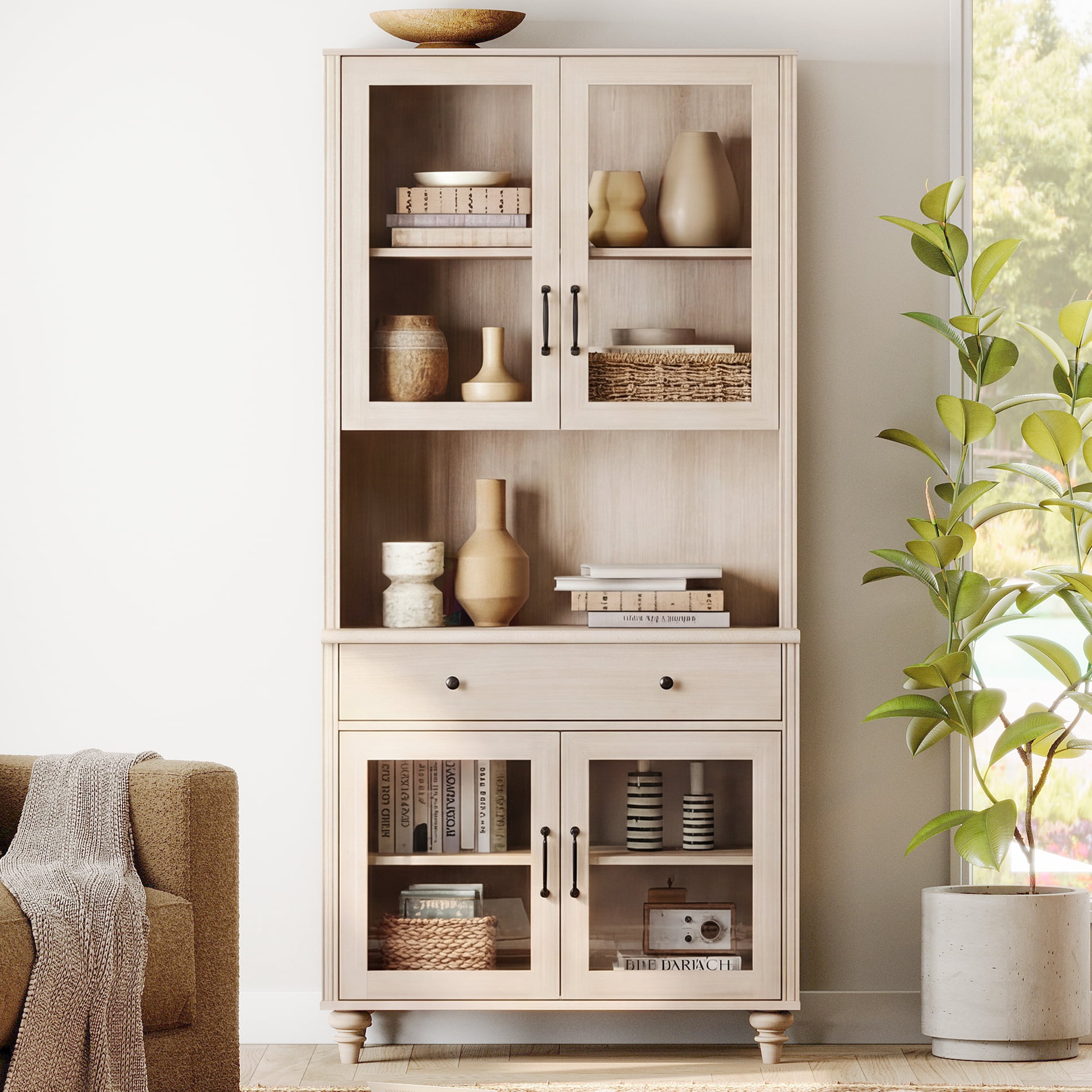 72"H x 33.9"W 5,Tier Farmhouse Wooden Bookcase, Display Bookshelf with Glass Doors, Roomy Storage Cabinet & Wood Drawer, Library Book Shelf for Living Room, Office, Kitchen, Beige