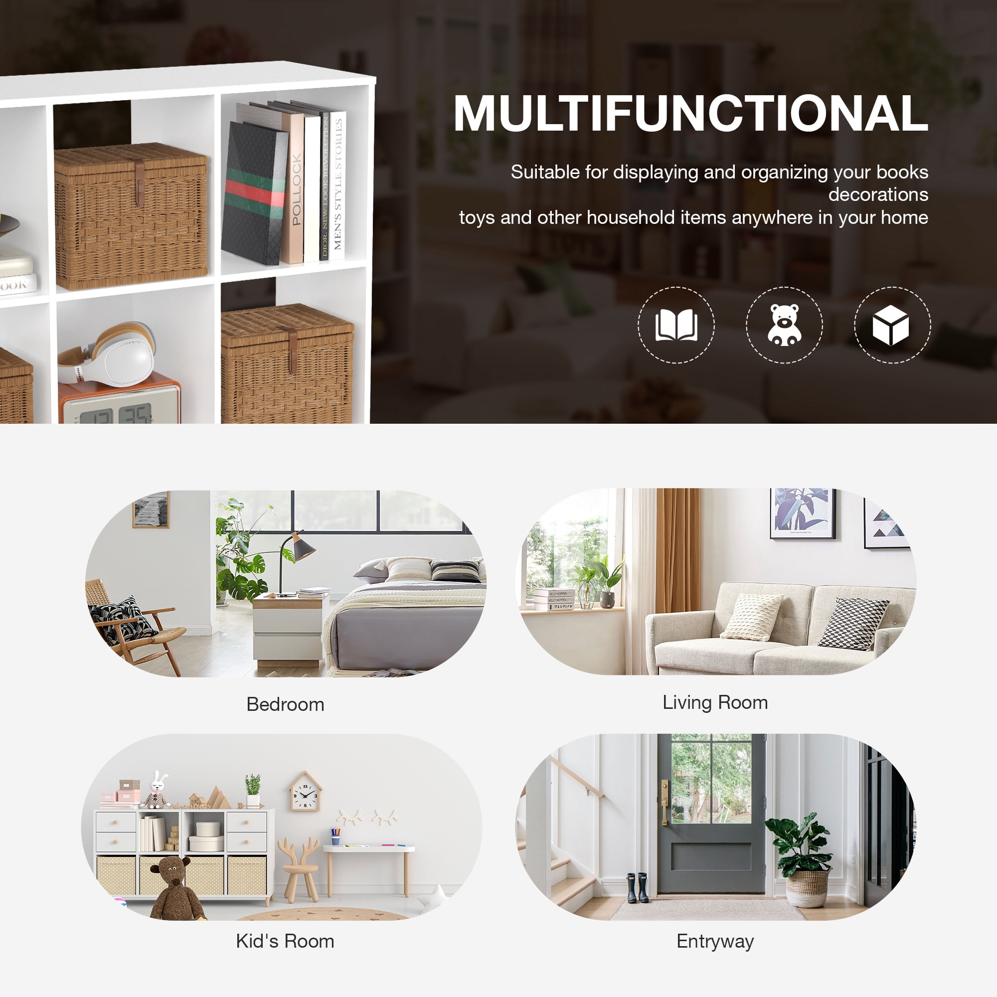MCQ 9 Cube Storage Organizer, Open Bookshelf with 3 Removable Back Panels for Living Room, Bedroom, Home Office，36"L x 11.6"W x 36"H, White