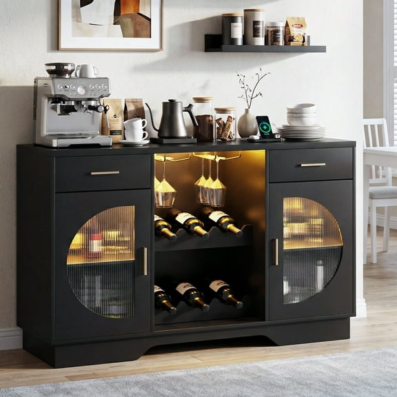 Kbun Coffee Bar Cabinet with Fridge Space, Wine Bar with LED Lights & Power Outlet, Sideboard for Home with Glass Doors, Freestanding Liquor Cabinet, Black