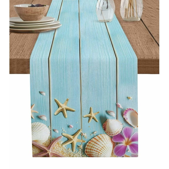 Ocean Coastal Table Runner Blue Wooden Grain Starfish Seashells Floral Tablerunners 18 x 72 Inch, Table Decorations Tabletop Scarf for Summer Gathering Holiday Farmhouse Kitchen Dining Decor