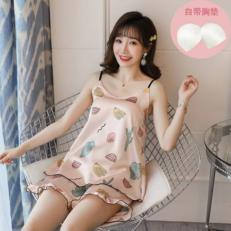 

PIKADINGNIS Cartoon Print Lovely Sleepwear Home Suit Summer V Neck Sleeveless Sexy Pyjamas Womens Two Piece Silk Pajamas Set with Chest Pad