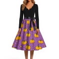 thumbnail image 4 of Halloween Dresses for Women Witch Hat Pumpkin V Neck Cocktail Hepburn Vintage Dress Long Sleeve 1950s Fall Cute Tea Length Dress with Belt S, 4 of 5