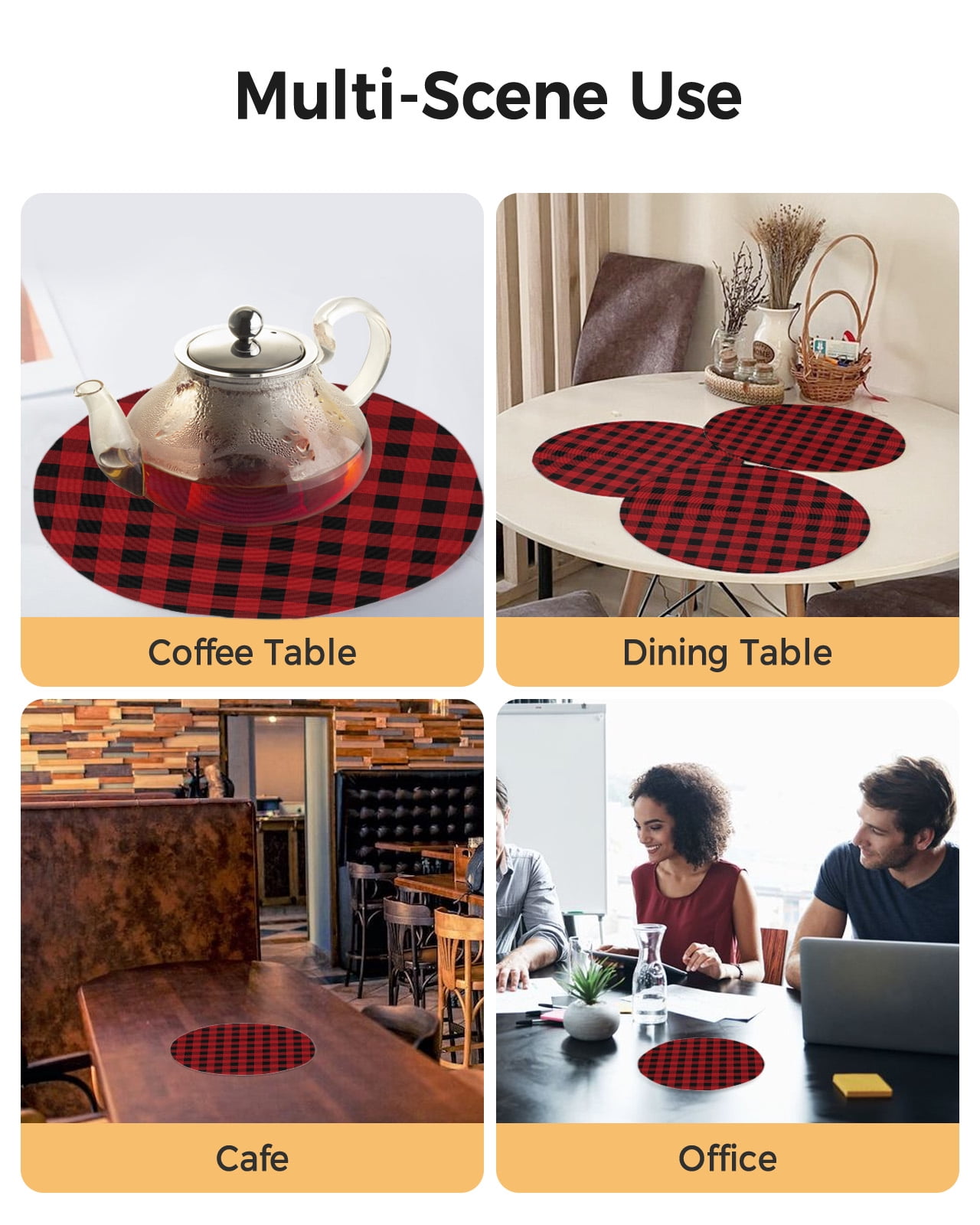 Round Placemats Set of 4 Christmas Buffalo Plaid Place Mats Washable Woven Placemat Red and Black Checkered Circle Braided Table Mat for Kitchen Dining Table Party Home Decor 15 Inch