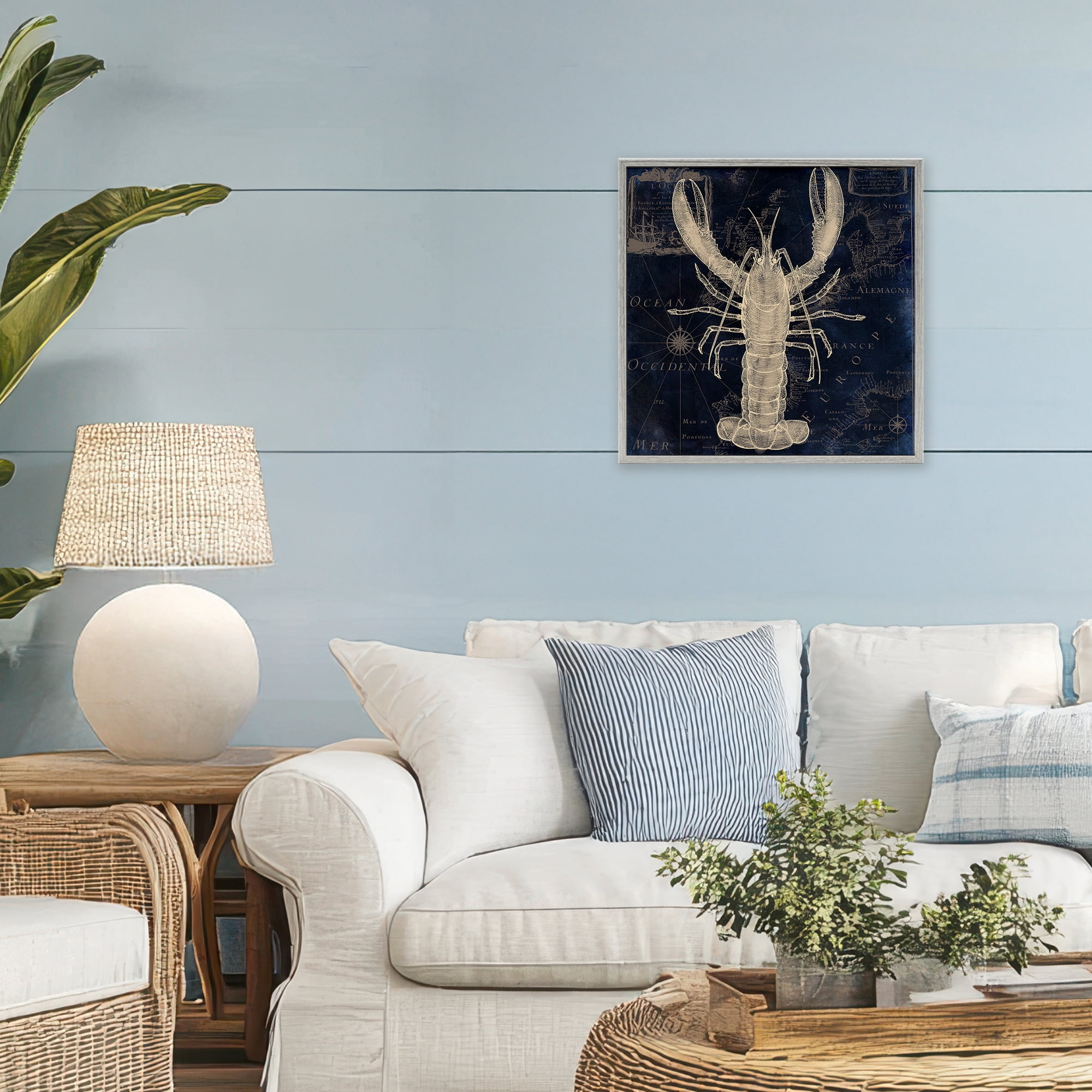 Lobster Contour over Map Gray Framed Giclee Art, design by Sasha