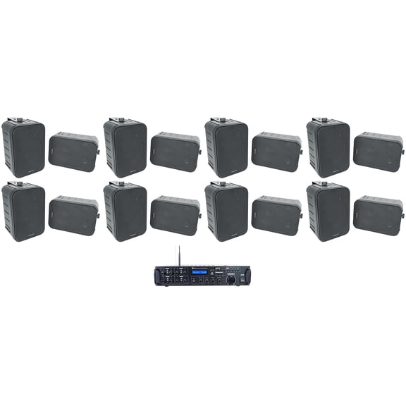 Rockville Rock Zone 8 Bundle: 8 Channel 1000W RMS Multi Room Amplifier Receiver, (8) Pairs HP65S-8 BLACK 6.5 Inch Indoor Outdoor Speakers with Swivel Brackets, 17-items