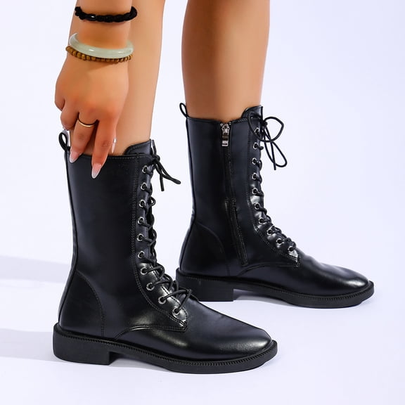 Women's Classic Lace Up Combat Mid Calf Boots Side Zipper Flat Low Heel Square Toe Smooth Faux Leather for Punk Style All Season Casual Outfits Black 41
