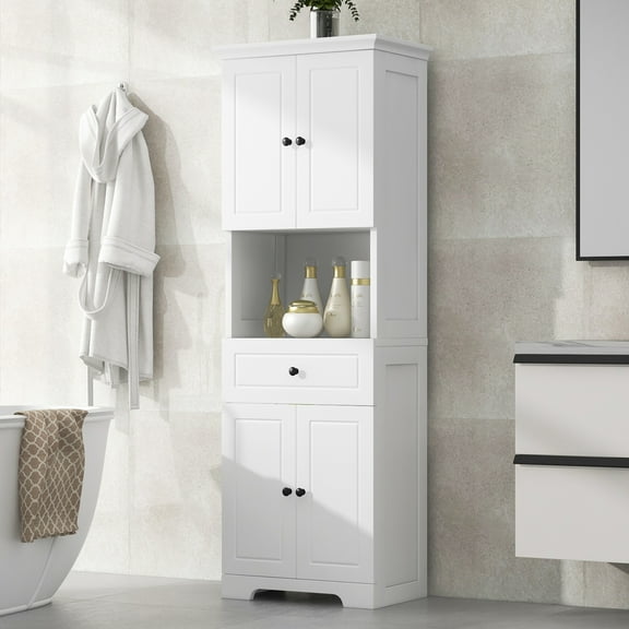 UBesGoo Tall Bathroom Cabinet with 1 Drawer and 2 Shelves & Open Space, Wooden Organizer, White
