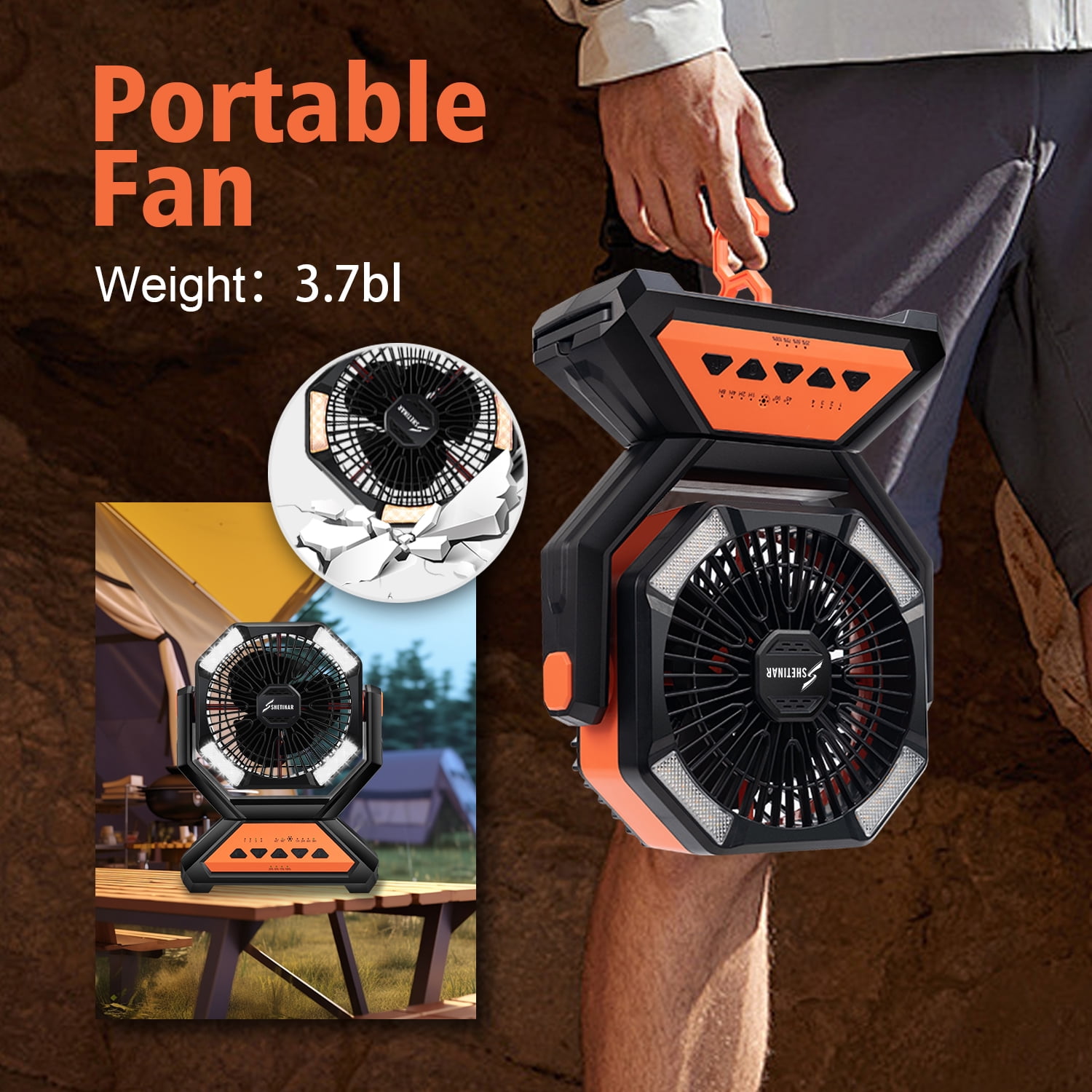SHETINAR 20000mAh Camping Fan Battery Powered Fan 4-Speed Tabletop Fan with Charging, Hooks, Timer, Portable Fan for Office,Bedroom,Outdoor,Power Outage,Hurricane,Travel.Orange