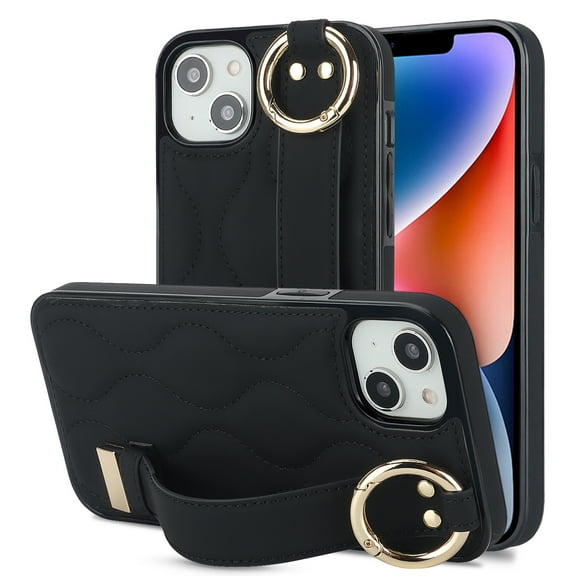 Finger Ring Wrist Band Phone Case Compatible with iPhone 15 Plus for Women Girls, Adjustable Wristband Kickstand [Stand Function] PU Leather Case Cover for iPhone 15 Plus, Black