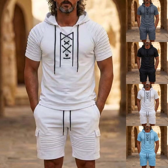 VBTAPA Men's Cotton Linen Outfits Short Sleeve Hooded Hippie Shirt and Cargo Shorts Casual Track Suit Sets Summer Beach Vacation Set Sky Blue XL