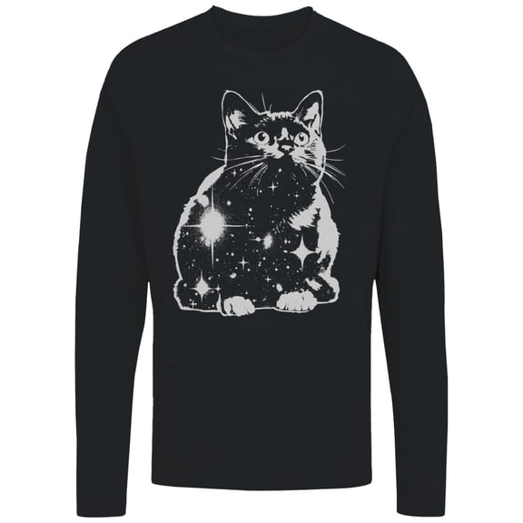 Smartprints Cosmic Galaxy Cat Men's Long Sleeve Black, Cotton, 4XL