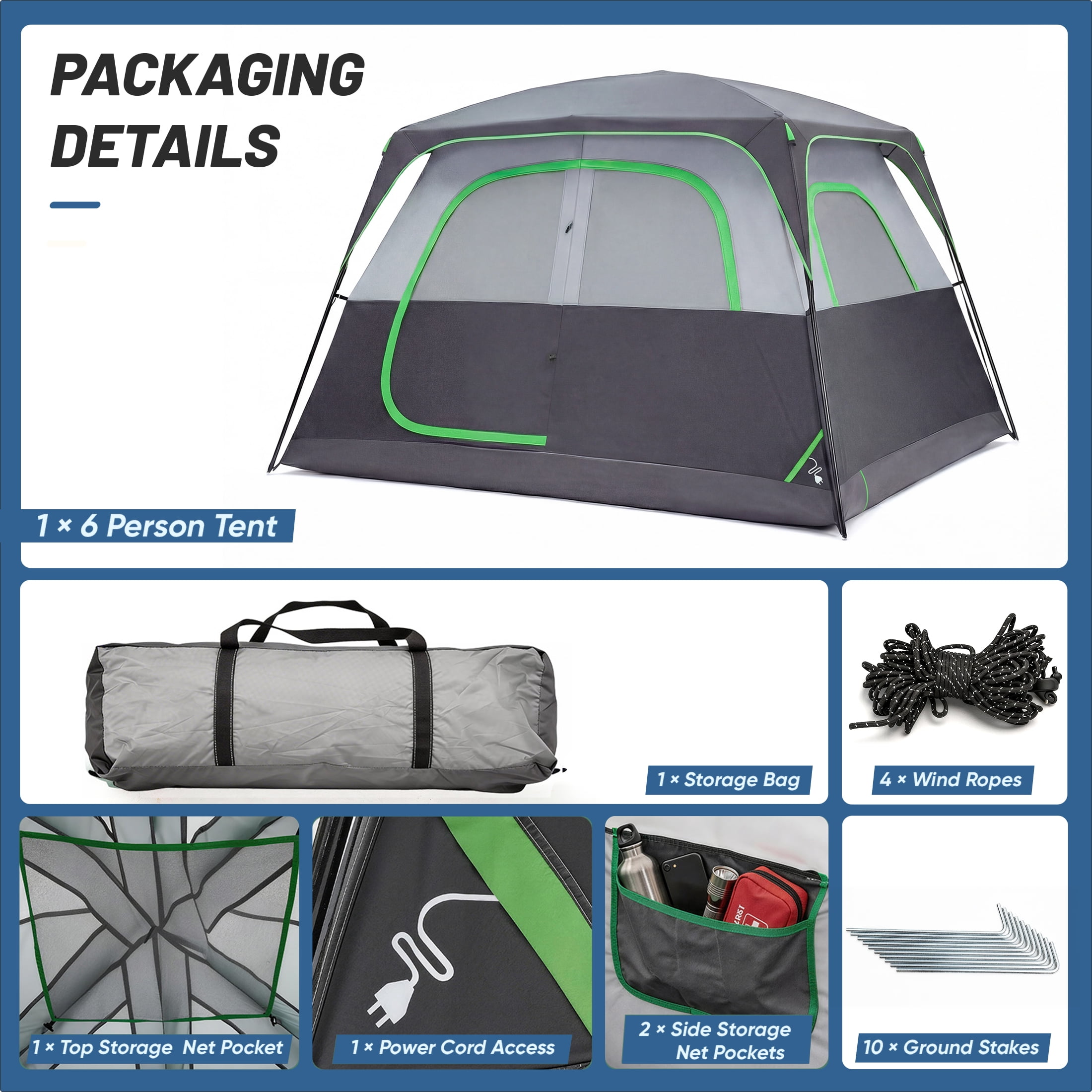 EDX 6 Person Waterproof & Windproof Family Camping Tent with Large Interior, Easy Setup Cabin Tent with Mesh Windows & Skylights, Portable Outdoor Tent for Car Camping, Hiking, Fishing, Gray